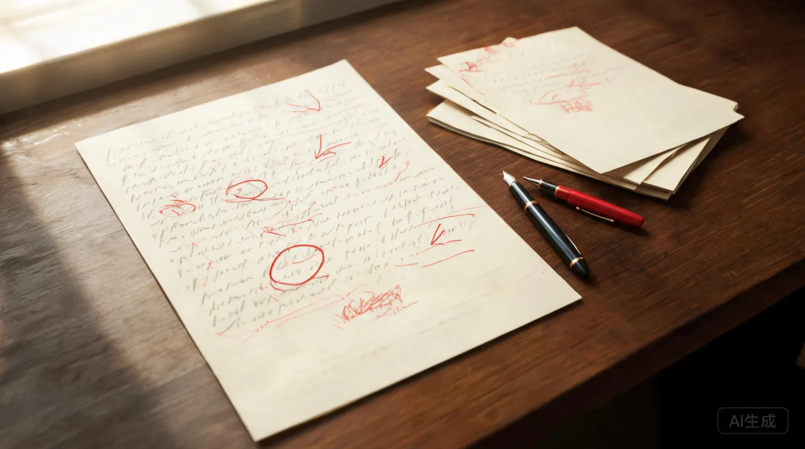 A manuscript covered in red pen revision marks beside a fountain pen and stacked drafts on a writing desk