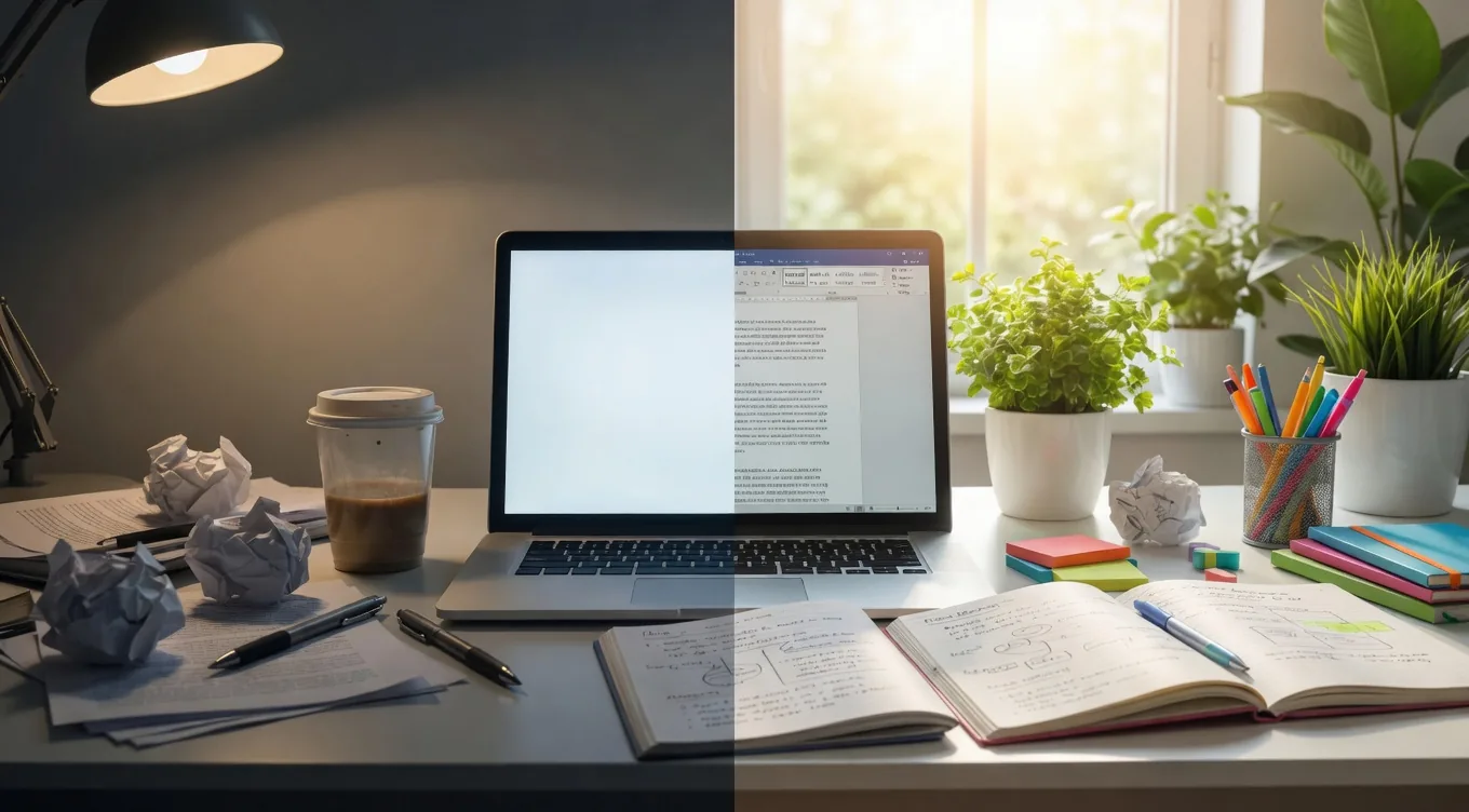 Un escritorio partido en dos: a la izquierda, lámpara baja, papeles arrugados y un café a medias; a la derecha, plantas junto a la ventana y un cuaderno lleno de esquemas, con un portátil en blanco en el centro