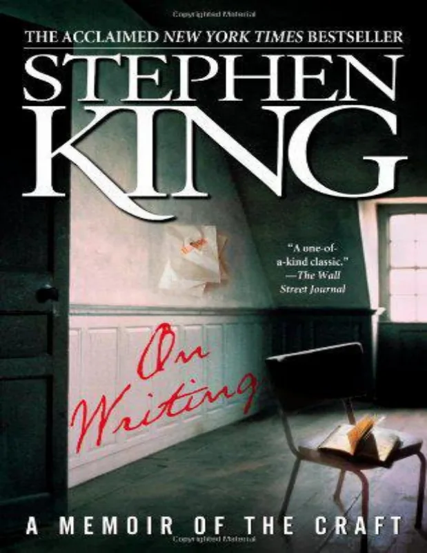Dark green cover showing an empty room, a chair and an open book, with Stephen King’s name in white and On Writing in red script