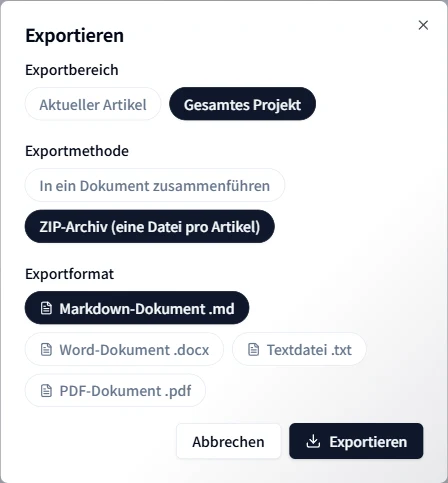 Ein Projekt zusammengeführt oder als ZIP exportieren