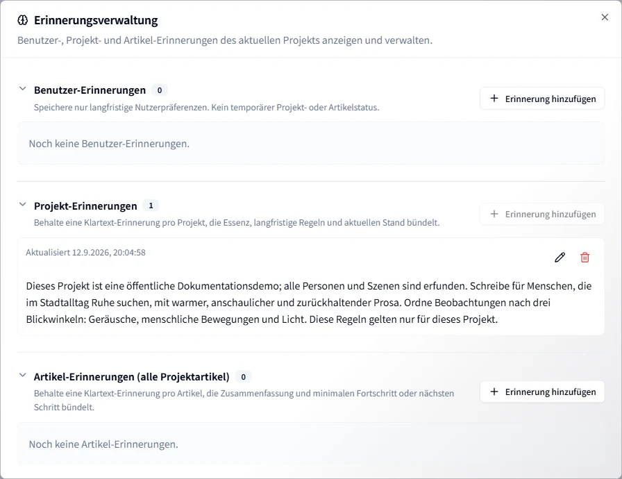 Gespeicherte Hinweise für die KI verwalten