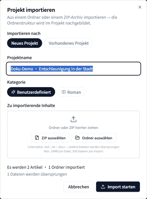 Eine ZIP-Datei auswählen und ihren Inhalt vor dem Import prüfen