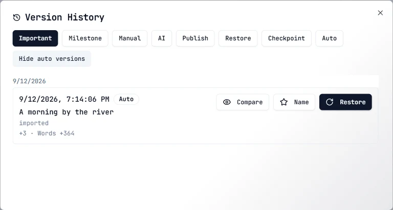Compare article versions and choose a snapshot to restore