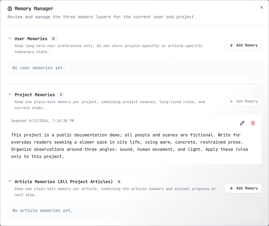 View and manage writing memory at different scopes