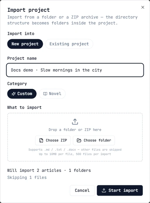 Select a ZIP file and preview its contents before importing