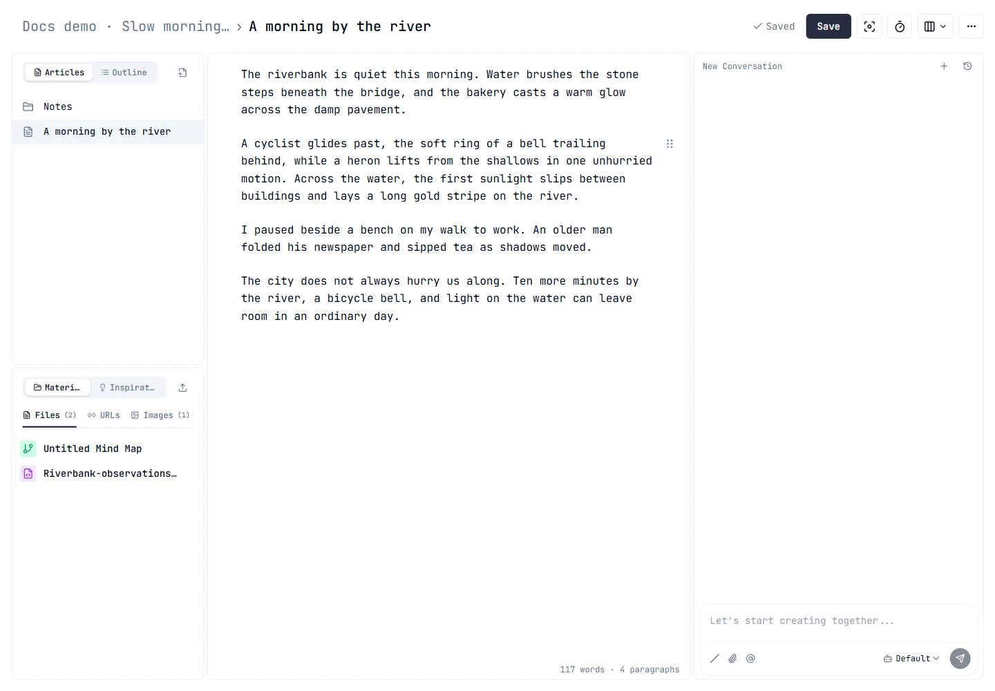 The workspace with articles, materials, and AI chat