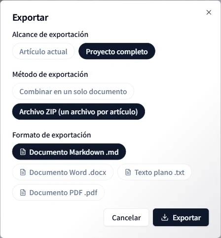 Exportar un proyecto como archivo combinado o ZIP