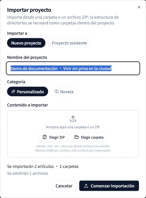 Seleccionar un archivo ZIP y previsualizar su contenido antes de importarlo