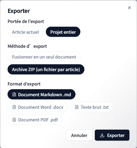 Exporter un projet en un fichier fusionné ou en ZIP
