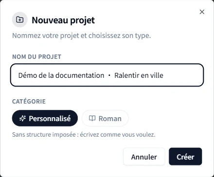 Créer un projet avec un nom et une catégorie