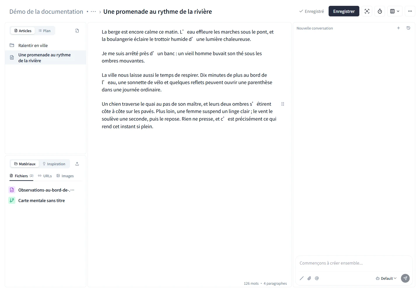 L'éditeur avec les articles, les documents de référence et le chat IA