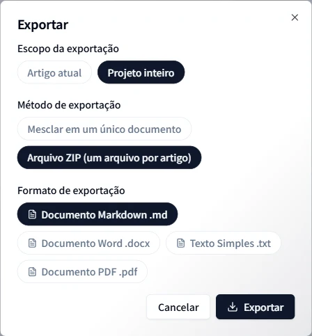 Escolha de formato e organização da exportação