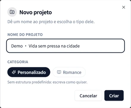 Criação de um projeto com nome e categoria