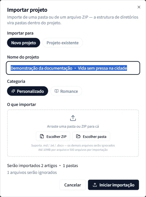 Selecionar um arquivo ZIP e conferir seu conteúdo antes de importar