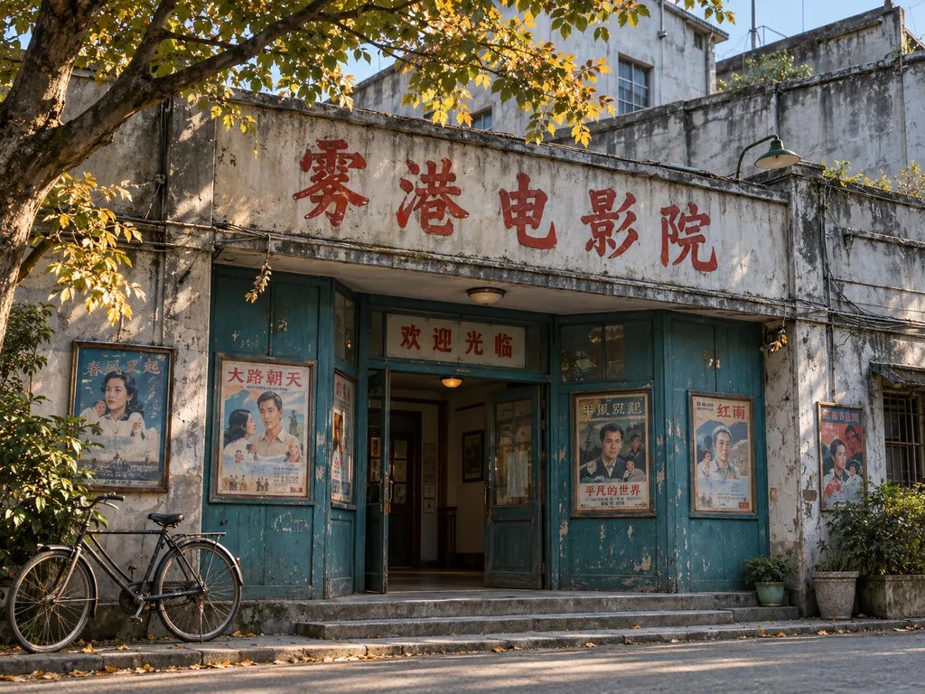 Fogharbor Cinema on an old street in autumn, with pale walls and teal doors.