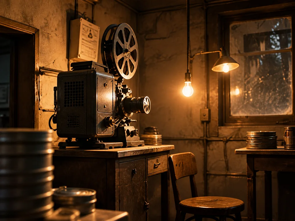 An old film projector and wooden desk under a warm lamp.